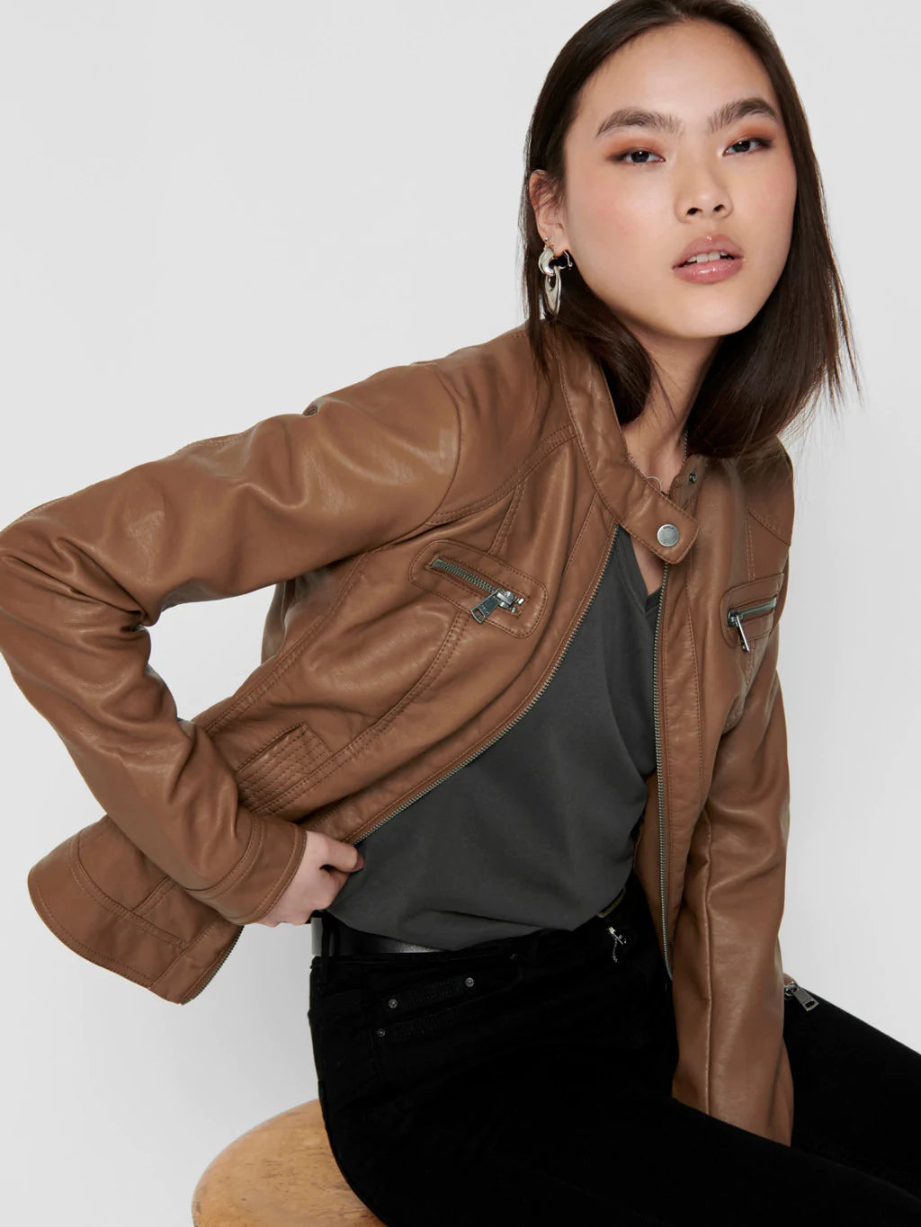 Brown faux leather jacket ONLY for women