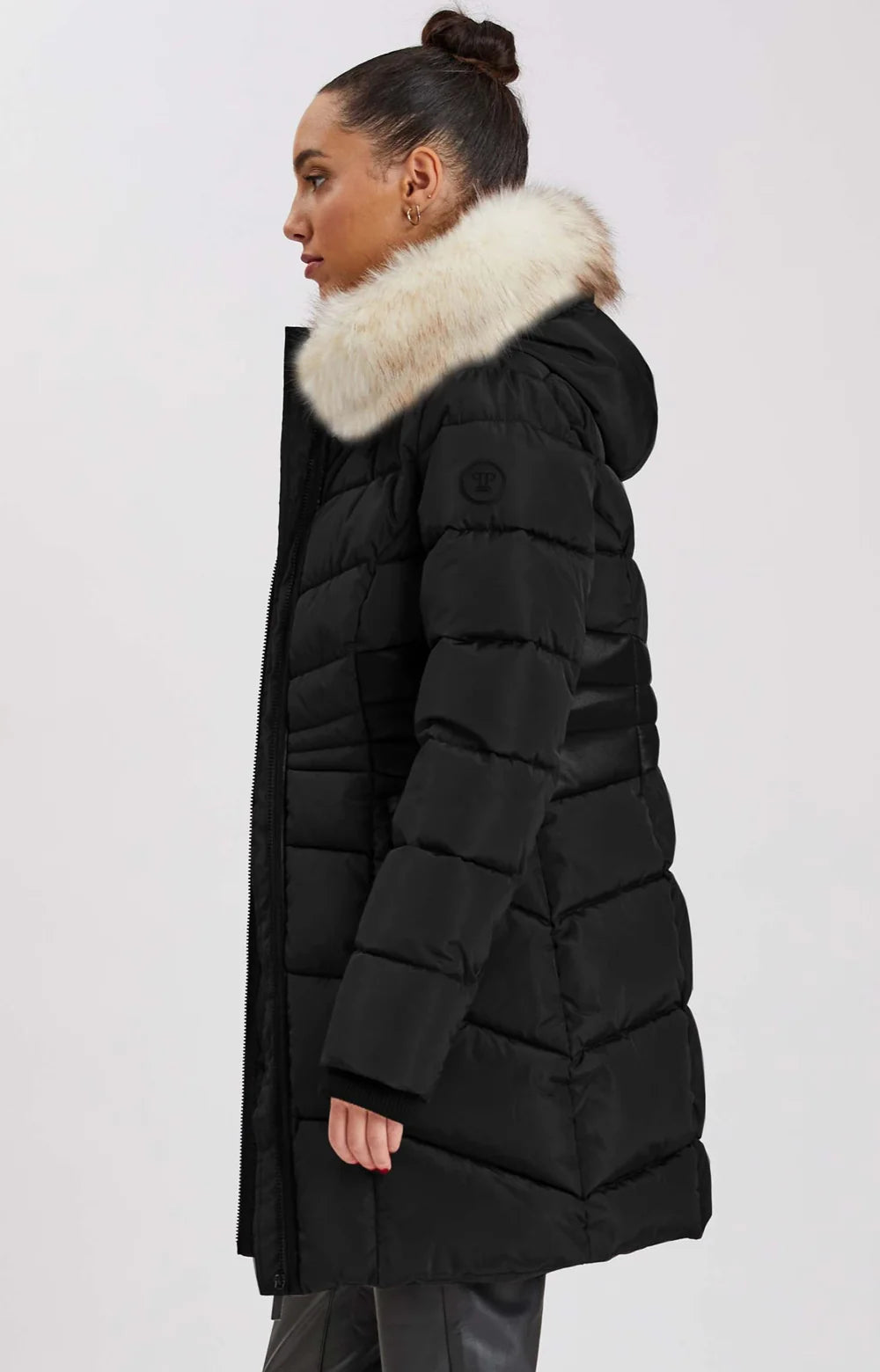 Manteau long noir avec fourrure Point Zéro pour femme