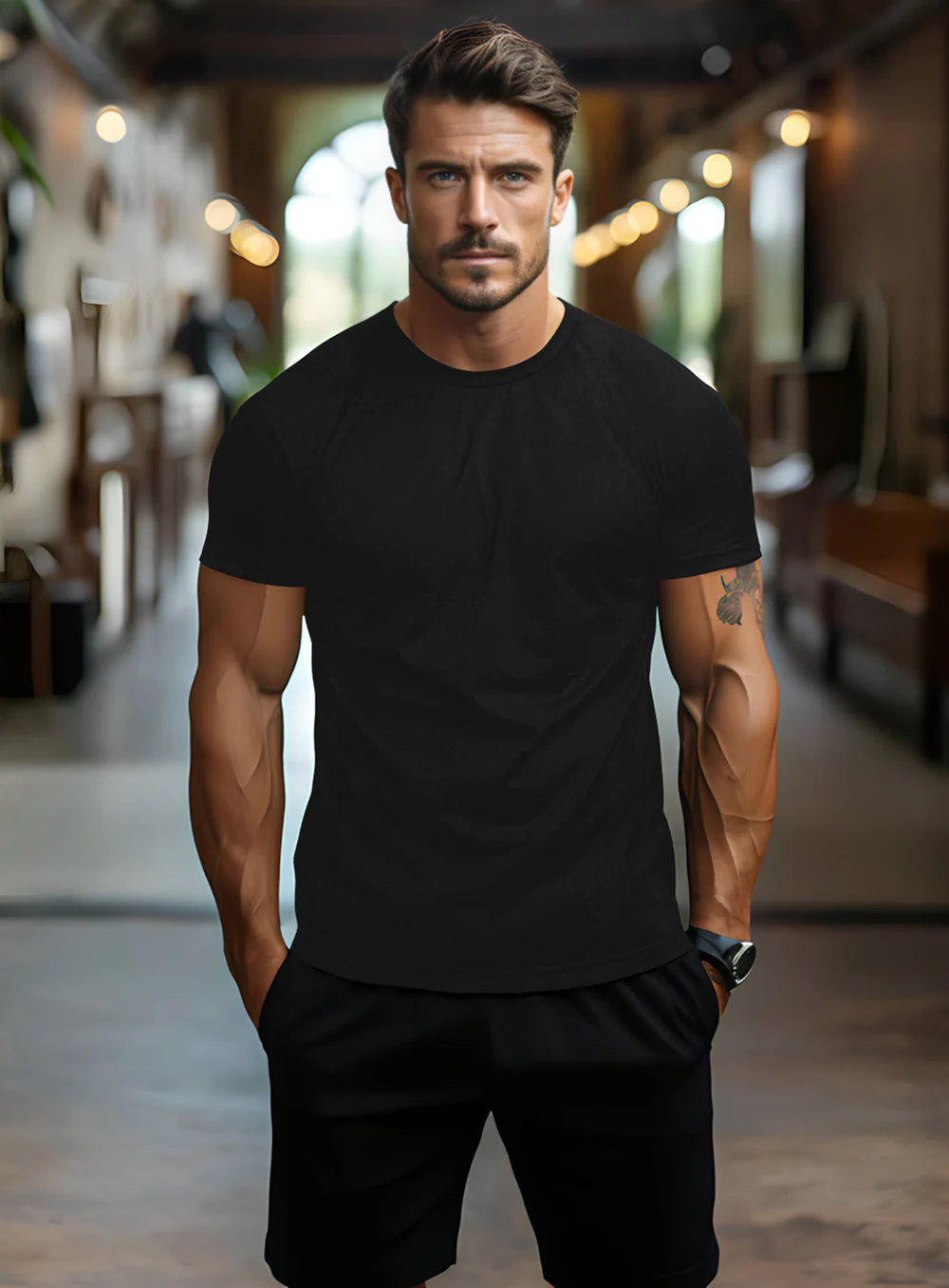 Black t shirt shorts best sale