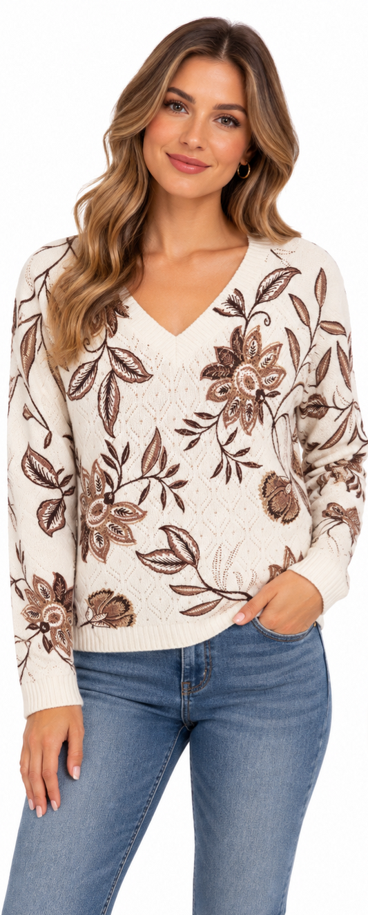 TRICOT COL EN V FLEUR BRUN POINT-ZERO POUR FEMME