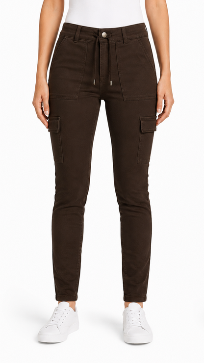 Pantalon cargo Skinny taille haute brun femme
