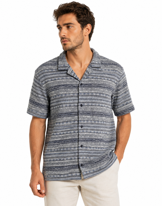 CHEMISE MC POINT-ZERO POUR HOMME LIGNÉ MARINE ET BLANC