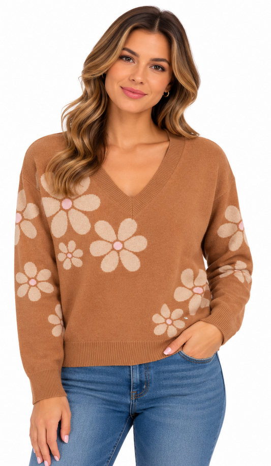 TRICOT BEIGE COL EN V WOOD FLEURS POINT-ZERO POUR FEMME