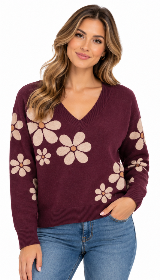 TRICOT FLEUR BORDEAU POINT-ZERO POUR FEMME