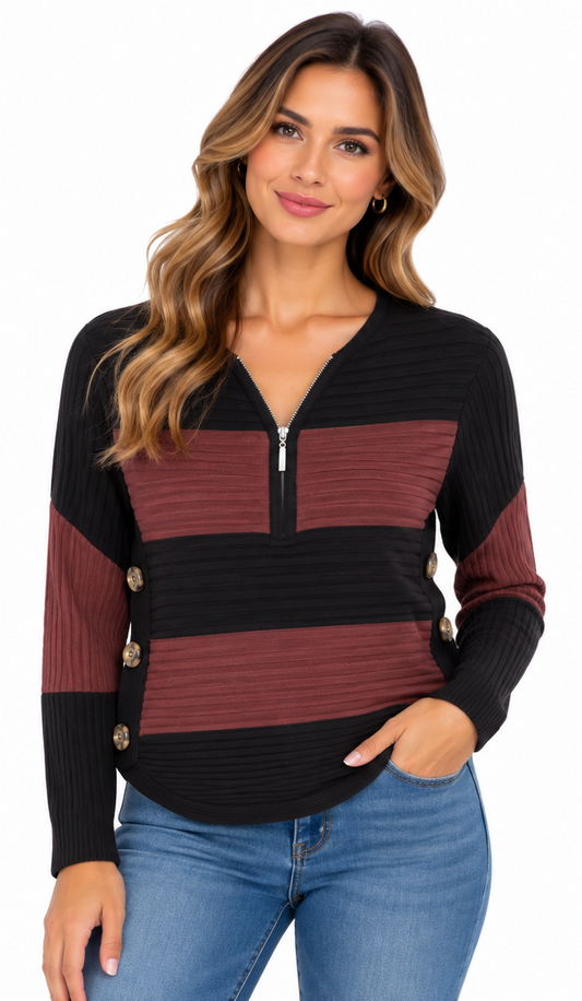 TRICOT NOIR/BRUN MI-ZIP POINT-ZERO POUR FEMME